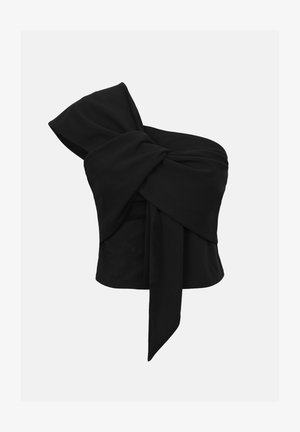 Black one-shoulder top with a twisted fabric knot, made of smooth material. Features a fitted bodice and long tie accent on the side.