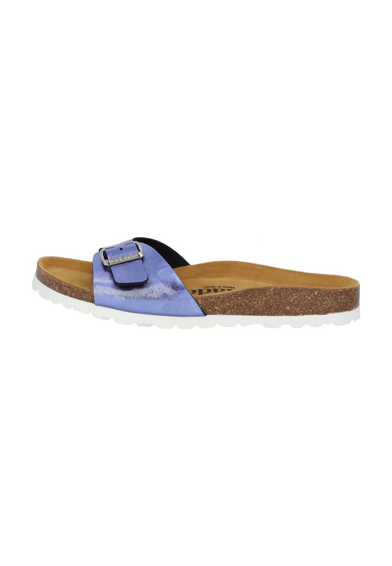 Sandalo scivoloso viola con una fascia testurizzata, fibbia in metallo argentato, soletta in sughero e suola in gomma bianca.