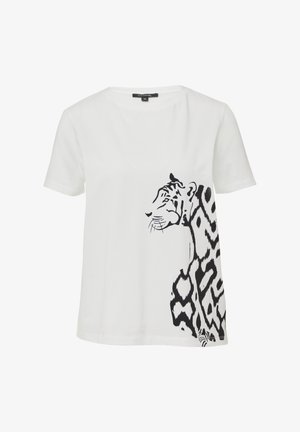 White cotton t-shirt with short sleeves featuring a black tiger graphic and abstract animal print on one side. Round neckline, relaxed fit.