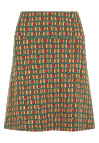 Grön kjol med ett upprepande mönster av röda, rosa och vita former. Slät tyg med rak skärning och medellång design.