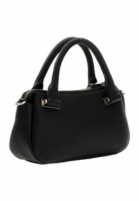 Sac à main en cuir noir à forme structurée, avec deux poignées supérieures, fermeture éclair et détails en métal doré. Surface texturée.