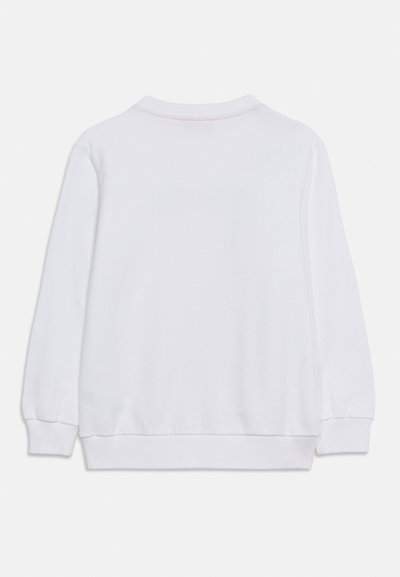 Sweat-shirt blanc uni à manches longues avec poignets et ourlet côtelés, présenté de dos sur fond blanc.