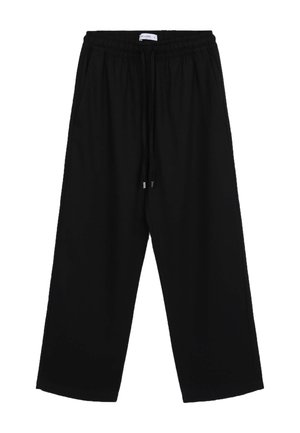 Schwarze weite Hosen aus einem weichen Material. Mit einem elastischen Bund und Kordelzug sowie zwei Seitentaschen. Einfaches Design, keine Muster.