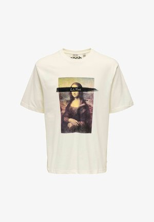 T-shirt en coton blanc avec une impression graphique de la Joconde, comportant un coup de pinceau noir sur les yeux et le texte "L. da Vinci".