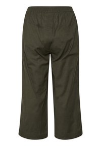 Pantalons en coton coupés couleur vert olive, présentant une taille élastique et des poches arrière plates, conçus pour le confort et la liberté de mouvement.