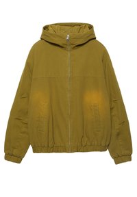 Olivově zelená bunda s kapucí, celopropínacím předním zipem, elastickými manžetami a lemem a kapsami na bocích se štěrbinami.