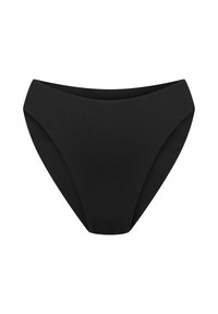 Czarny dół bikini wykonany z gładkiego materiału. Posiada wysoki stan, bezszwowe wykończenie i delikatny blask, zapewniając pełne pokrycie.