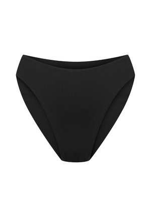 Czarny dół bikini wykonany z gładkiego materiału. Posiada wysoki stan, bezszwowe wykończenie i delikatny blask, zapewniając pełne pokrycie.