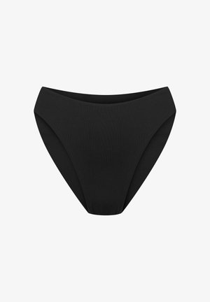 Czarny dół bikini wykonany z gładkiego materiału. Posiada wysoki stan, bezszwowe wykończenie i delikatny blask, zapewniając pełne pokrycie.