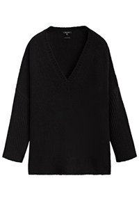 Black V-neck sweater with long, wide sleeves. Textured body and ribbed hem. Soft material with a slightly oversized fit.