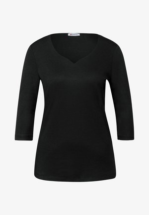 Schwarzes Langarmoberteil mit V-Ausschnitt, aus einem weichen Stoff gefertigt, mit glatter Textur und taillierter Silhouette. Ohne Muster oder Verzierungen.