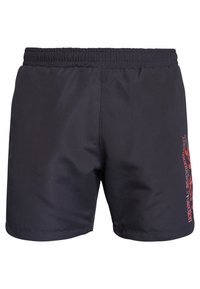 Shorts de bain noirs avec une taille élastique, arborant un design graphique rouge sur le côté gauche. Fabriqués dans un tissu léger et lisse.