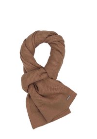 Écharpe tricotée marron avec un motif texturé, présentant un design torsadé et une petite étiquette argentée. Matériau doux et forme rectangulaire.