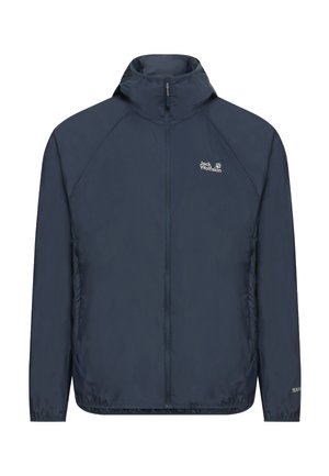 Marineblauw licht jack met een hoge kraag, volledige ritssluiting aan de voorkant, lange mouwen en een subtiel logo aan de bovenkant van de linkerkant. Soepele, waterbestendige stof.