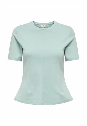 Šviesiai mėtų žalios spalvos trumpomis rankovėmis marškinėliai su apvaliu iškirpimu, prigludusia liemene ir platėjančia apačia. Pagaminti iš minkštos, elastingos medžiagos.