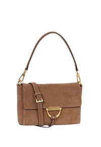 Brown suede handbag with a gold-tone metal accent, adjustable shoulder strap, and flap closure. Features a smooth texture and minimalist design.