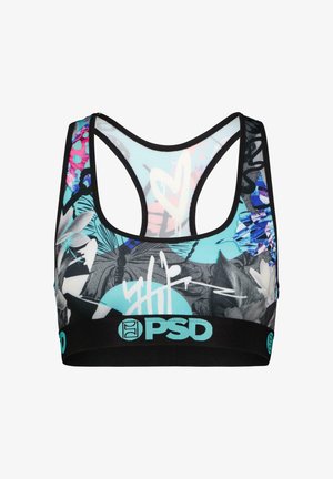 Kolorowy stanik sportowy z wielokolorowym wzorem graficznym, zawierającym kwiatowe i abstrakcyjne motywy, czarną obwódką i markowym elastycznym pasem u dołu.