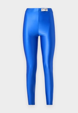 Modré legíny s vysokým pasem vyrobené z lesklého, hladkého materiálu. Obsahují označení loga na pasu. Tvarující design, bez viditelných švů.