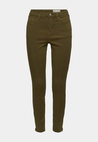 Pantalon slim vert olive avec fermeture avant par bouton et zip, poches avant, et fermetures éclair aux chevilles sur fond clair uni.
