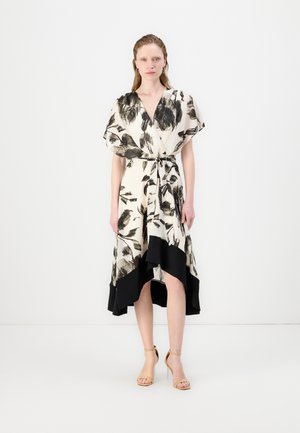 DKNY V NECK BLOUSON MIDI - Cocktail dress / Party dress - eggshell/black