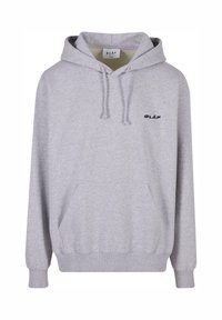 Grå hettegenser med kengurulomme, justerbar snøring på hetten, ribbestrimlede mansjetter og liten svart logo på brystet. Laget av myk stoff.