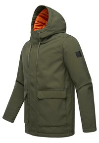 Olijfgroene jas met een capuchon, voorzien van een oranjekleurige binnenvoering, twee voorkristallen, een verstelbare trekkoord en een gestructureerde stof.