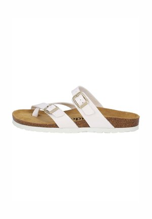 Sandalo bianco in pelle con soletta in sughero, due cinturini regolabili con fibbie dorate e suola in gomma bianca, mostrato di profilo.