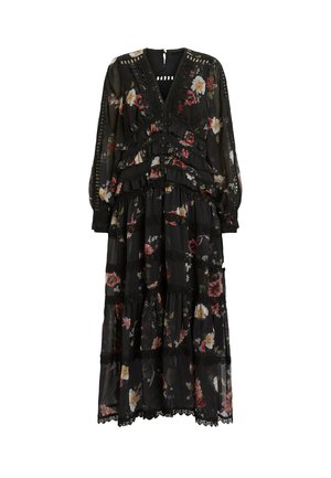 Robe maxi noire à fleurs avec des manches longues, des couches volantes, des accents en dentelle et un décolleté en V profond. Le tissu semble léger et semi-transparent.