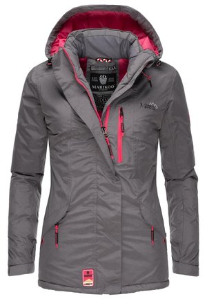 Gray waterproof jacket with pink accents, features a zippered front, adjustable hood, and multiple pockets. Soft texture, lightweight design.