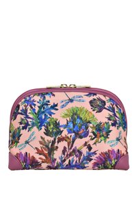 Zaktasje met ritssluiting met een roze basis, paarse rand, met een kleurrijk bloemen- en libellenpatroon in tinten blauw, groen, geel en paars.