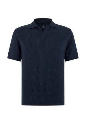 Polo bleu marine à manches courtes avec un subtil côtes verticales et un col en V, fabriqué en 100 % coton Pima.