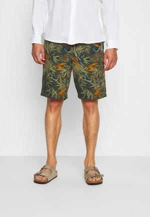 Man draagt groene korte broek met tropische print, wit overhemd met lange mouwen en beige sandalen, staand tegen een effen witte achtergrond.
