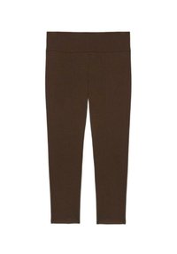 Bruine nauwsluitende legging met een brede tailleband, gemaakt van een rekbare stof, met een gladde textuur en zonder zichtbare naden.