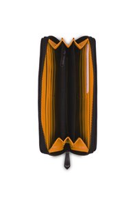 Black wallet with a smooth exterior, featuring bright yellow interior compartments and a central zippered pocket for coins or small items.