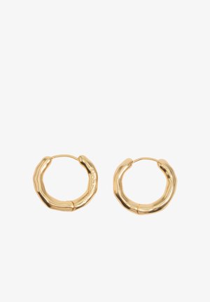 Par de pendientes de aro en tono dorado con forma irregular, acabado liso y brillante, y cierres con bisagra sobre un fondo blanco.