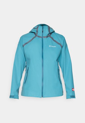 Gaiši zils ūdensnecaurlaidīgs jaka ar kapuci, ar pelēku akcentu, ar rāvējslēdzēja kabatām un rāvējslēdzēja aizdari. Izgatavota no elpojoša materiāla.