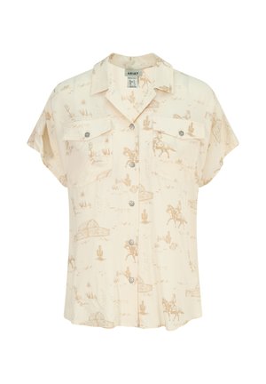 Cream short-sleeve button-up shirt with western-themed prints, including cowboys on horses, cacti, and barns, featuring two buttoned chest pockets.