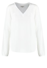 Blusa bianca a maniche lunghe con scollo a V, realizzata in tessuto liscio. Presenta maniche arricciate e una vestibilità rilassata. Logo del marchio visibile sull'etichetta.