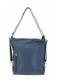 Sac cabas bleu marine en nylon lisse, comprenant une poche latérale zippée et deux anses d'épaule avec des accents en cuir marron.