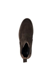 Leren enkellaarzen in donkerbruine suede, met een ronde neus, elastische zijpanelen en een klein trekloopje aan de achterkant. Minimalistisch ontwerp.