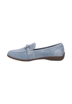 Light blue suede loafer with silver buckle detail and brown rubber sole, viewed from the side on a white background.