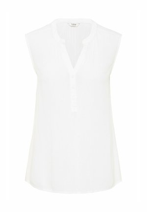 Blouse sans manches blanche avec un col, patte de boutonnage et plis subtils aux épaules. Tissu léger et lisse.