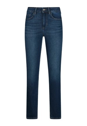 Jeans slim fit blu scuro con cinque tasche, chiusura con bottoni e leggero scolorimento su cosce e ginocchia.