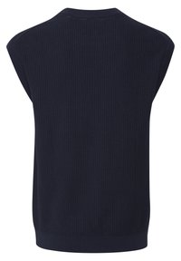 Marineblå ermeløs genser med teksturert, рibbete design. Har rund hals og et tilpasset bunnkant, egnet for lagdeling.