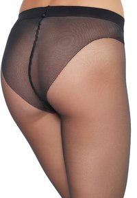 Collant neri trasparenti con una superficie liscia e una vita alta, caratterizzati da una cucitura sul retro e sezioni delle gambe traslucide.