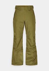 Waterproof ski pants in olive green, featuring a straight leg design, side pockets, and adjustable waistband for comfort and fit.