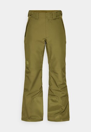 Waterproof ski pants in olive green, featuring a straight leg design, side pockets, and adjustable waistband for comfort and fit.
