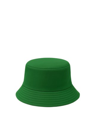 Green bucket hat with a stitched, slightly downward-sloping brim and smooth fabric surface.