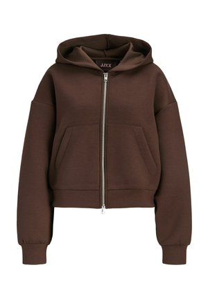 Sweat à capuche marron zippé avec poches avant, poignets côtelés et une capuche, présenté sur fond blanc.