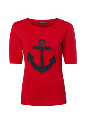Rotes Kurzarmshirt mit rundem Ausschnitt und großem schwarzem Anker-Motiv mit kleinem Herz im oberen Kreis des Ankers.